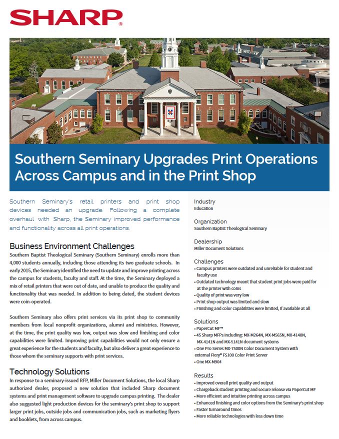 Sharp, Southern Seminary, Print Operations, Case Study, Education, Image Communication Technology